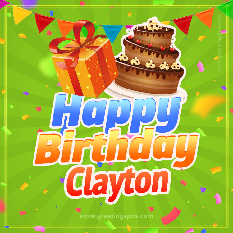 Happy Birthday Clayton picture with flags, chocolate cake and gift box (square shape image)