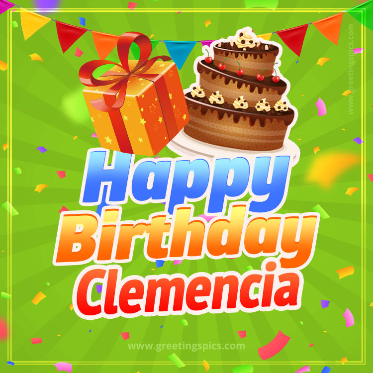 Happy Birthday Clemencia picture with flags, chocolate cake and gift box (square shape image)