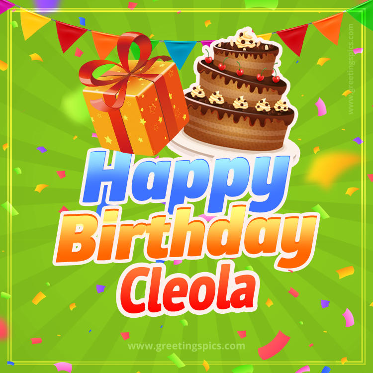 Happy Birthday Cleola picture with flags, chocolate cake and gift box (square shape image)