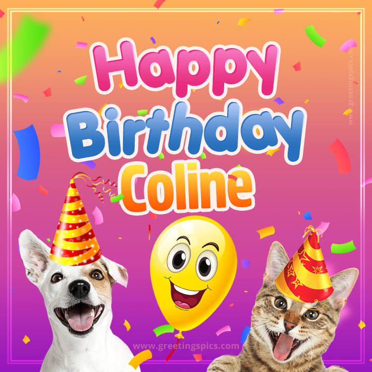 Happy Birthday Coline Funny Image with cat and dog (square shape image)