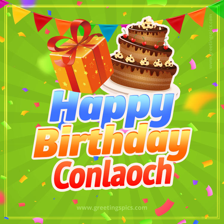 Happy Birthday Conlaoch picture with flags, chocolate cake and gift box (square shape image)