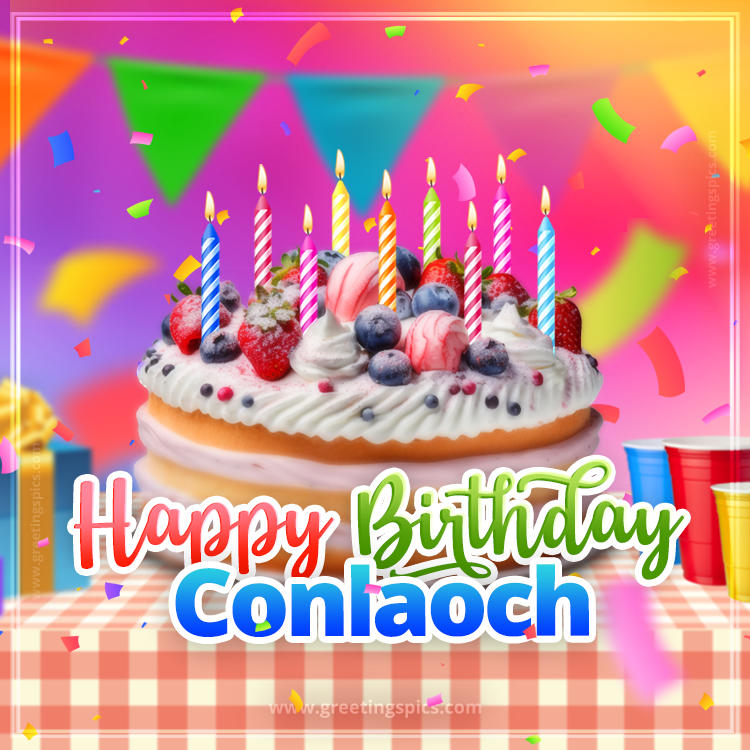 Happy Birthday Conlaoch Colorful Image with fruit cake and candles (square shape image)