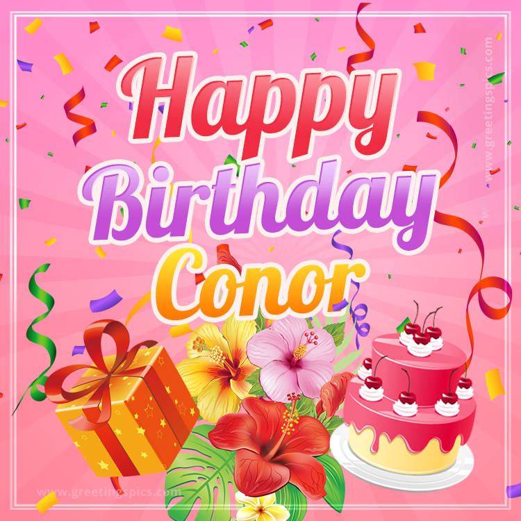 Beautiful Birthday Card for Conor with pink background (square shape image)