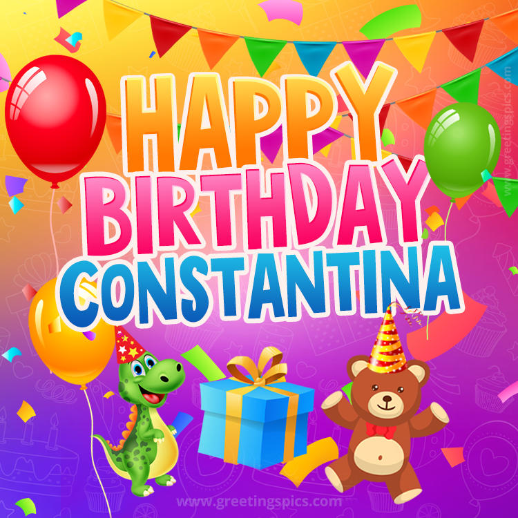 Happy Birthday Constantina Image for a child with cute dinosaur and bear (square shape image)