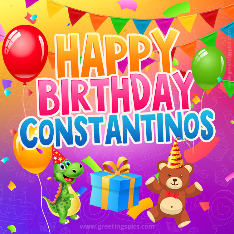 Happy Birthday Constantinos Image for a child with cute baby dinosaur and bear (square shape image)