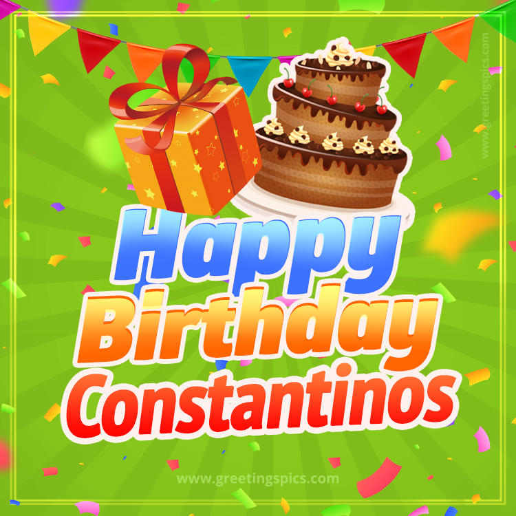 Happy Birthday Constantinos picture with flags, chocolate cake and gift box (square shape image)