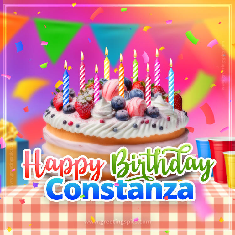Happy Birthday Constanza Colorful Image with fruit cake and candles (square shape image)