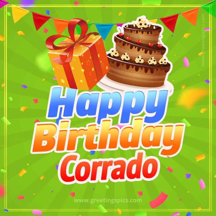 Happy Birthday Corrado picture with flags, chocolate cake and gift box (square shape image)