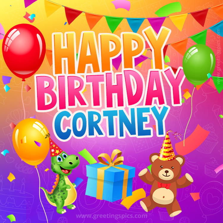 Happy Birthday Cortney Image for a child with cute dinosaur and bear (square shape image)