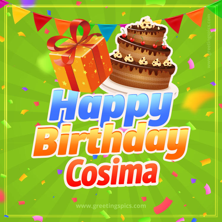 Happy Birthday Cosima picture with flags, chocolate cake and gift box (square shape image)