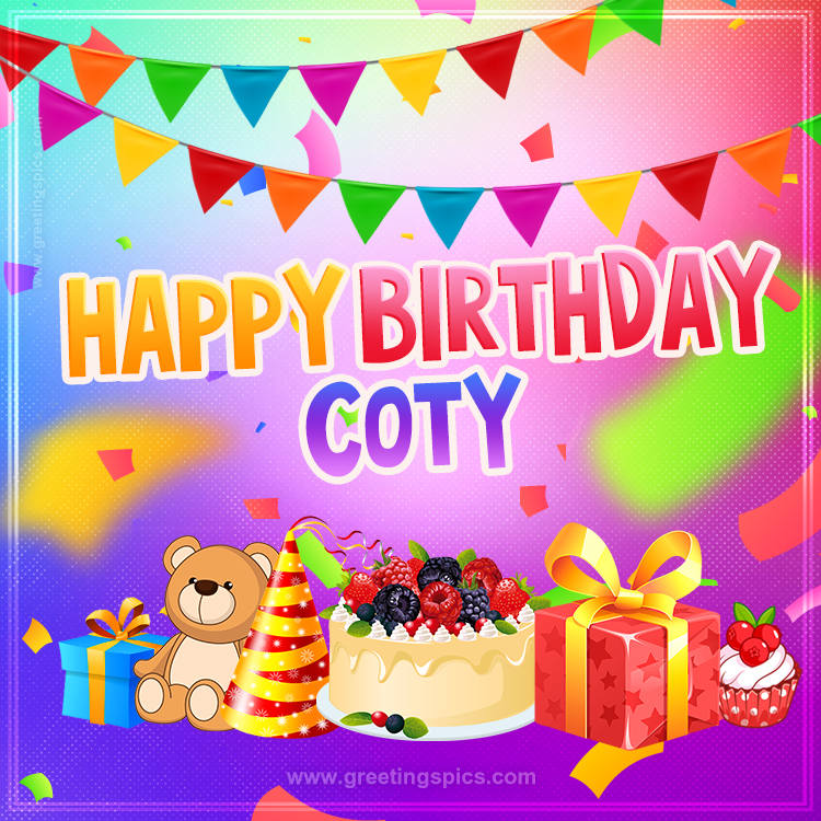 Bright card with Wishes for a Happy Birthday for Coty (square shape image)
