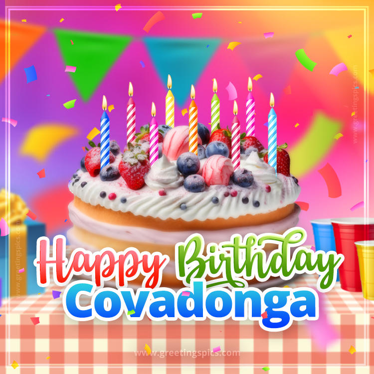 Happy Birthday Covadonga Colorful Image with fruit cake and candles (square shape image)