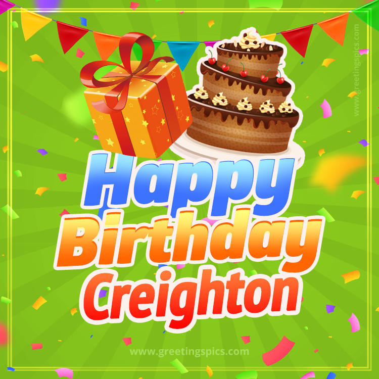 Happy Birthday Creighton picture with flags, chocolate cake and gift box (square shape image)