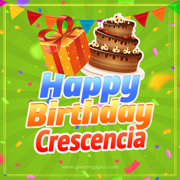 Happy Birthday Crescencia picture with flags, chocolate cake and gift box (square shape image)