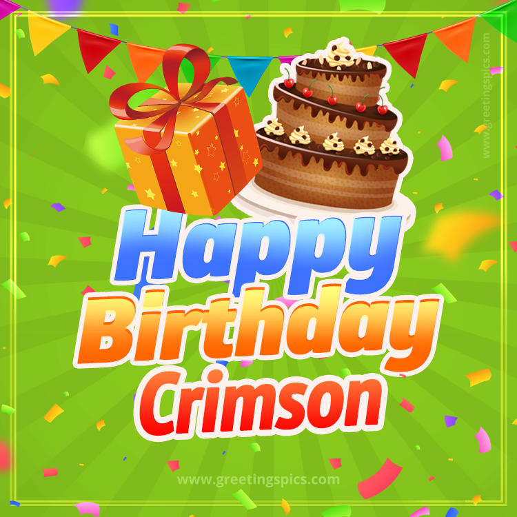 Happy Birthday Crimson picture with flags, chocolate cake and gift box (square shape image)