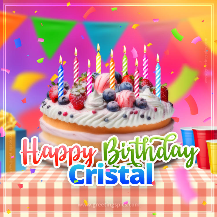 Happy Birthday Cristal Colorful Image with fruit cake and candles (square shape image)