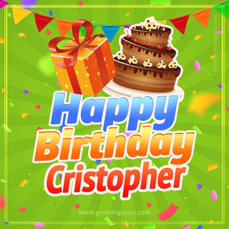 Happy Birthday Cristopher picture with flags, chocolate cake and gift box (square shape image)