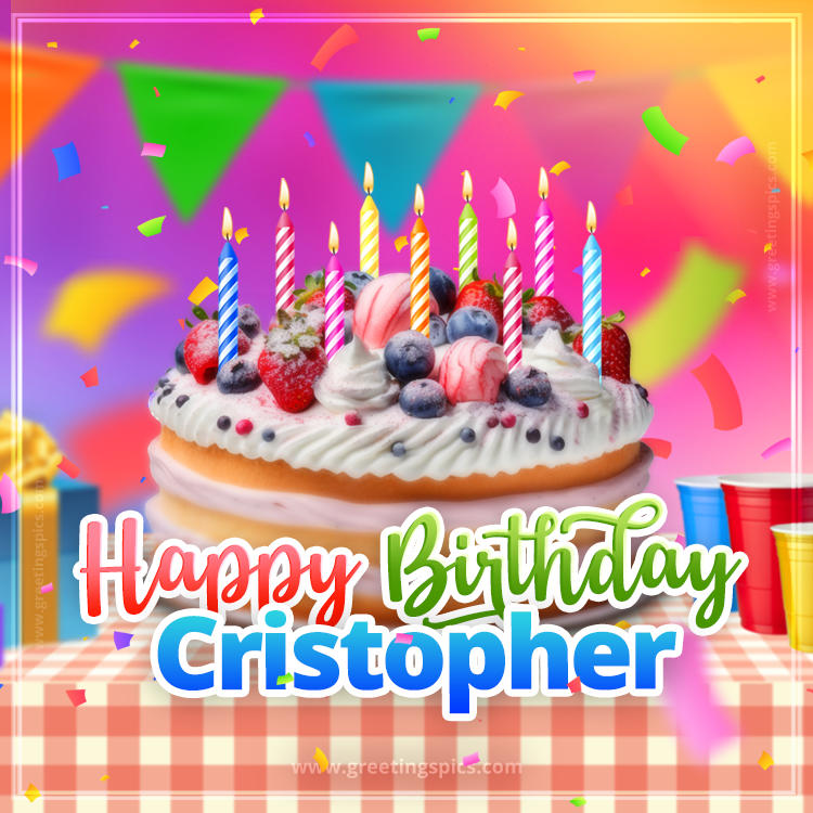 Happy Birthday Cristopher Colorful Image with fruit cake and candles (square shape image)