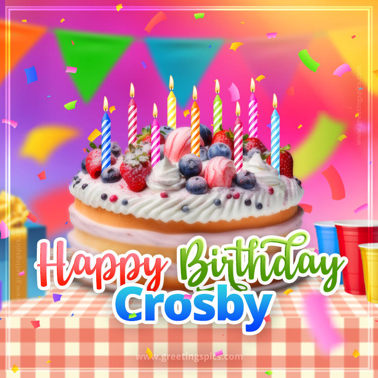 Happy Birthday Crosby Colorful Image with fruit cake and candles (square shape image)