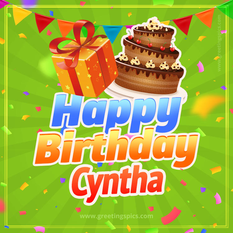 Happy Birthday Cyntha picture with flags, chocolate cake and gift box (square shape image)