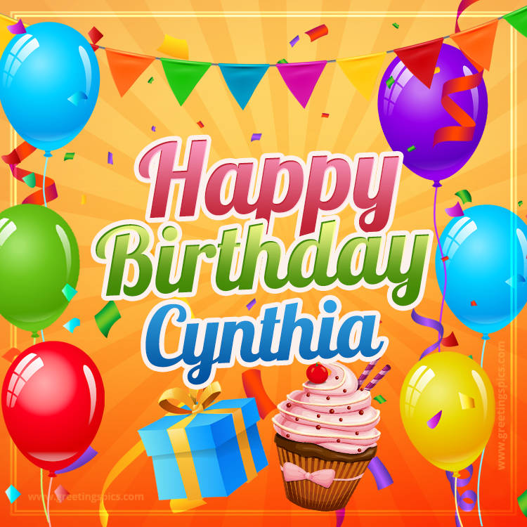 Happy Birthday Cynthia eCard with gift box and cupcake (square shape image)