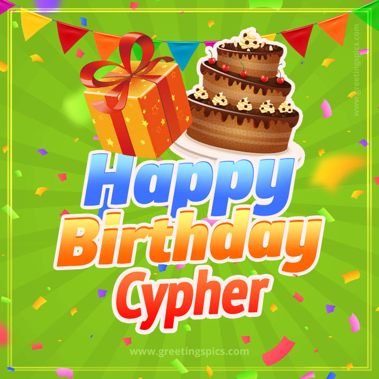 Happy Birthday Cypher picture with flags, chocolate cake and gift box (square shape image)