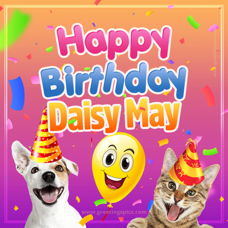 Happy Birthday Daisy May Funny Image with cat and dog (square shape image)