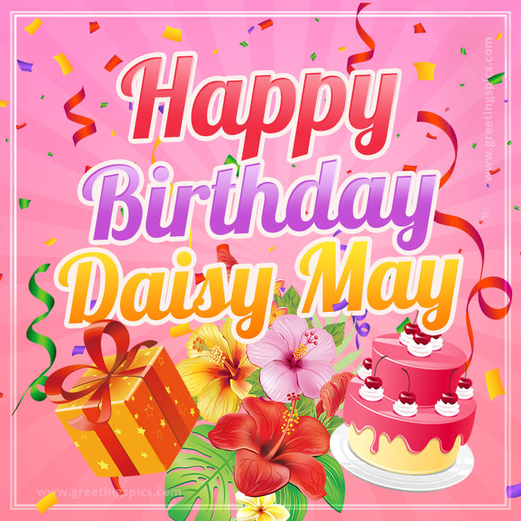 Beautiful Birthday Card for Daisy May with Cake and bouquet of flowers (square shape image)