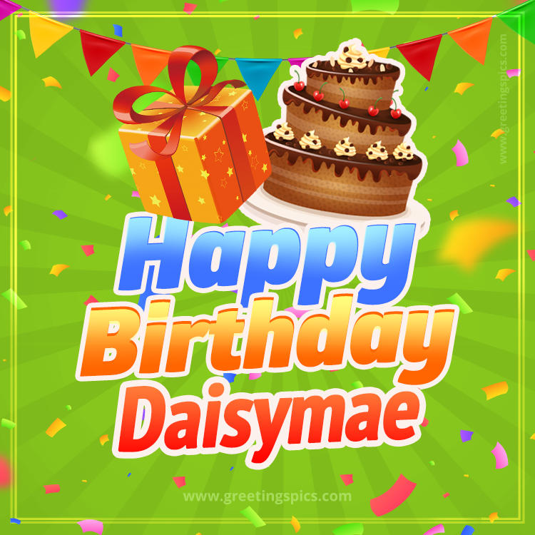 Happy Birthday Daisymae picture with flags, chocolate cake and gift box (square shape image)