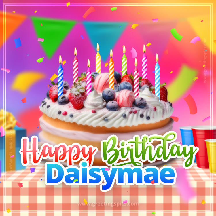 Happy Birthday Daisymae Colorful Image with fruit cake and candles (square shape image)