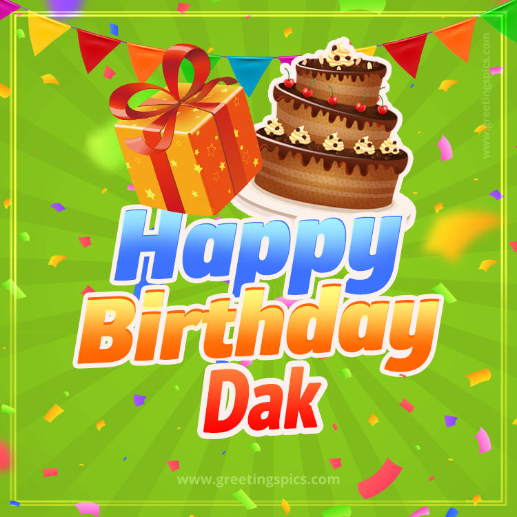 Happy Birthday Dak picture with flags, chocolate cake and gift box (square shape image)