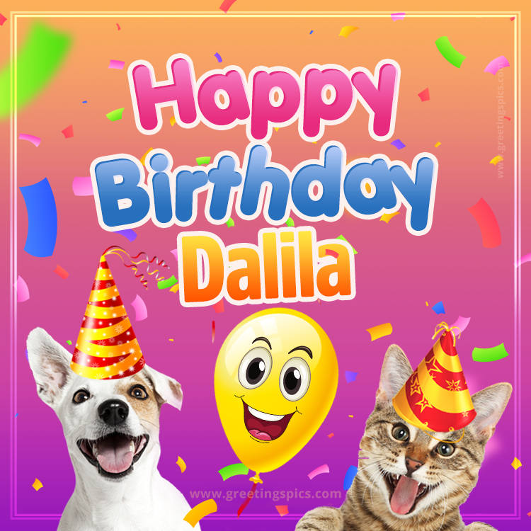 Happy Birthday Dalila Funny Image with cat and dog (square shape image)