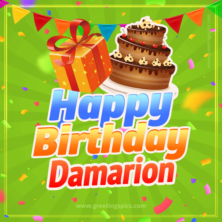 Happy Birthday Damarion picture with flags, chocolate cake and gift box (square shape image)