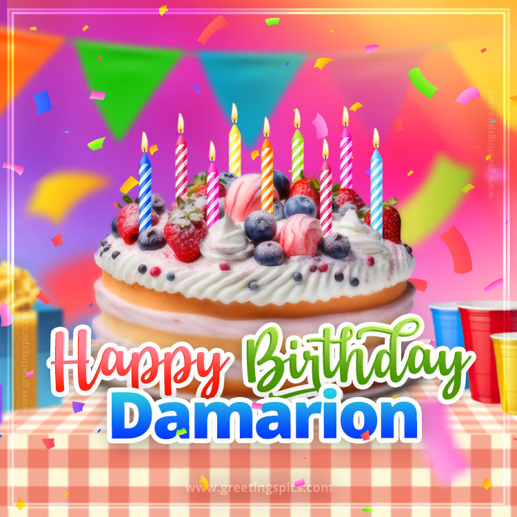 Happy Birthday Damarion Colorful Image with fruit cake and candles (square shape image)