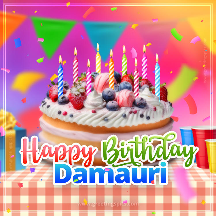 Happy Birthday Damauri Colorful Image with fruit cake and candles (square shape image)