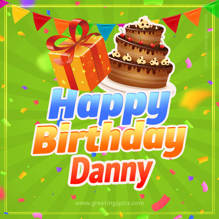 Happy Birthday Danny picture with flags, chocolate cake and gift box (square shape image)