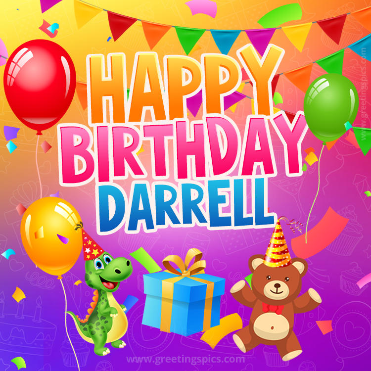Happy Birthday Darrell Image for a child with cute baby dinosaur and bear (square shape image)