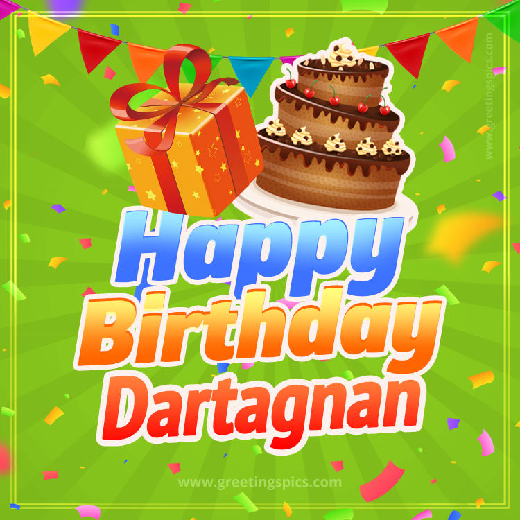 Happy Birthday Dartagnan picture with flags, chocolate cake and gift box (square shape image)