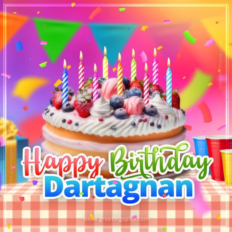 Happy Birthday Dartagnan Colorful Image with fruit cake and candles (square shape image)