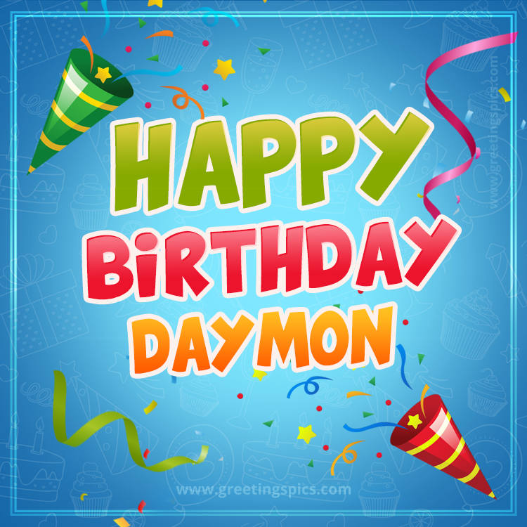 Happy Birthday Daymon picture with confetti and party poppers (square shape image)