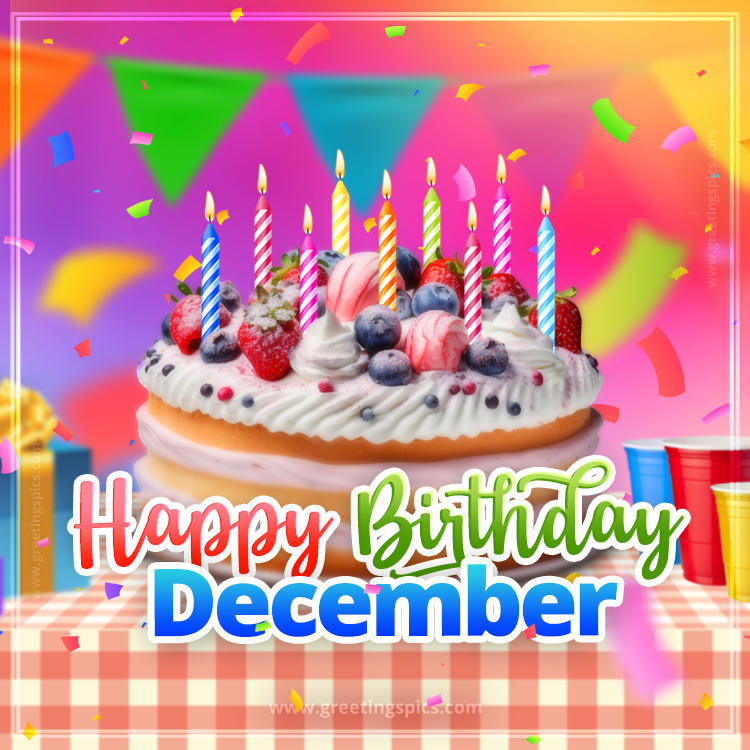 Happy Birthday December Colorful Image with fruit cake and candles (square shape image)