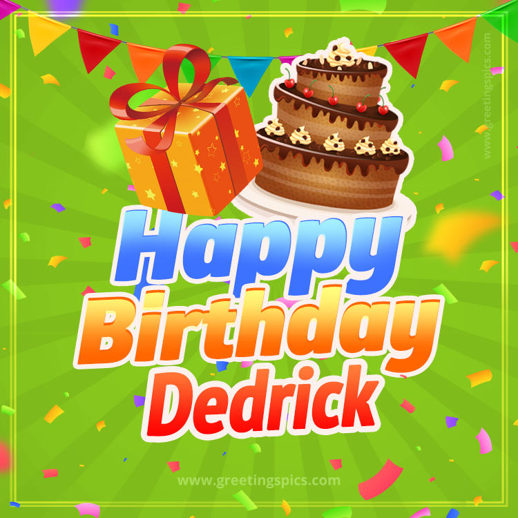 Happy Birthday Dedrick picture with flags, chocolate cake and gift box (square shape image)