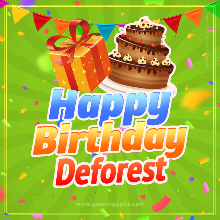 Happy Birthday Deforest picture with flags, chocolate cake and gift box (square shape image)