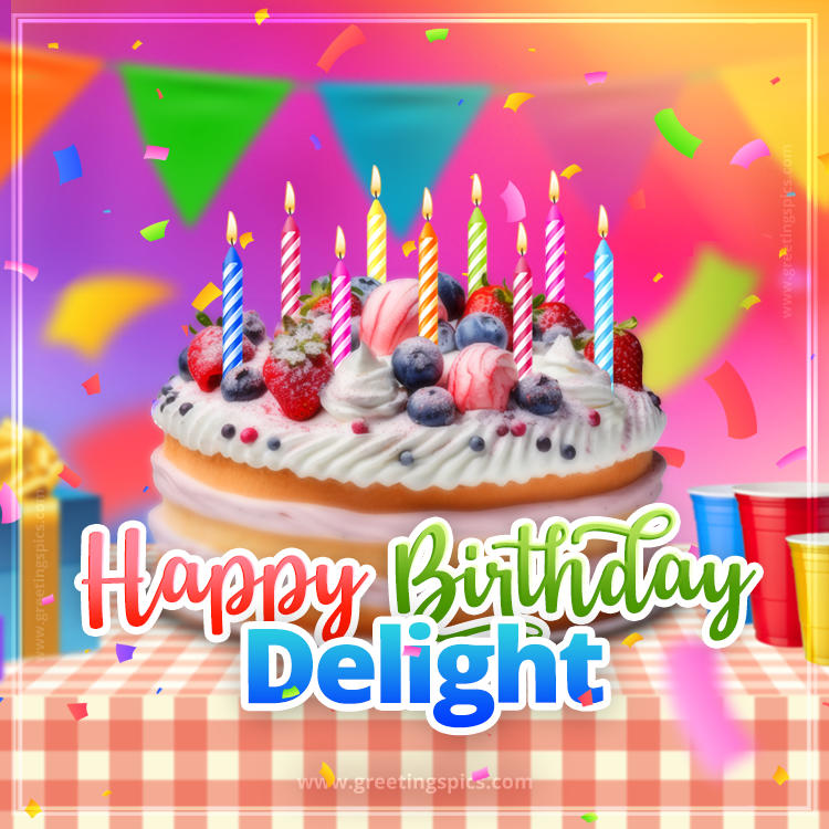 Happy Birthday Delight Colorful Image with fruit cake and candles (square shape image)