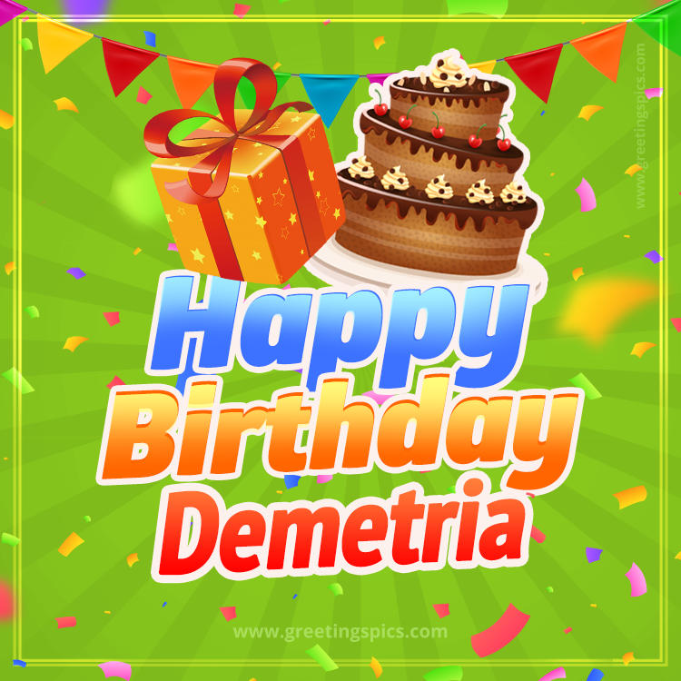 Happy Birthday Demetria picture with flags, chocolate cake and gift box (square shape image)