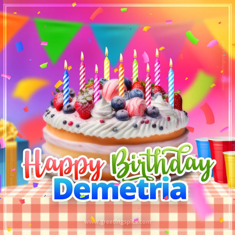 Happy Birthday Demetria Colorful Image with fruit cake and candles (square shape image)