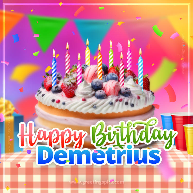 Happy Birthday Demetrius Colorful Image with fruit cake and candles (square shape image)