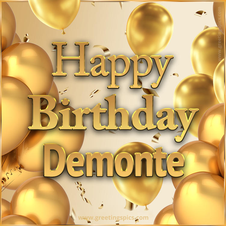 Happy Birthday Demonte Card with golden confetti and balloons (square shape image)