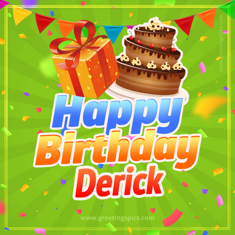 Happy Birthday Derick picture with flags, chocolate cake and gift box (square shape image)