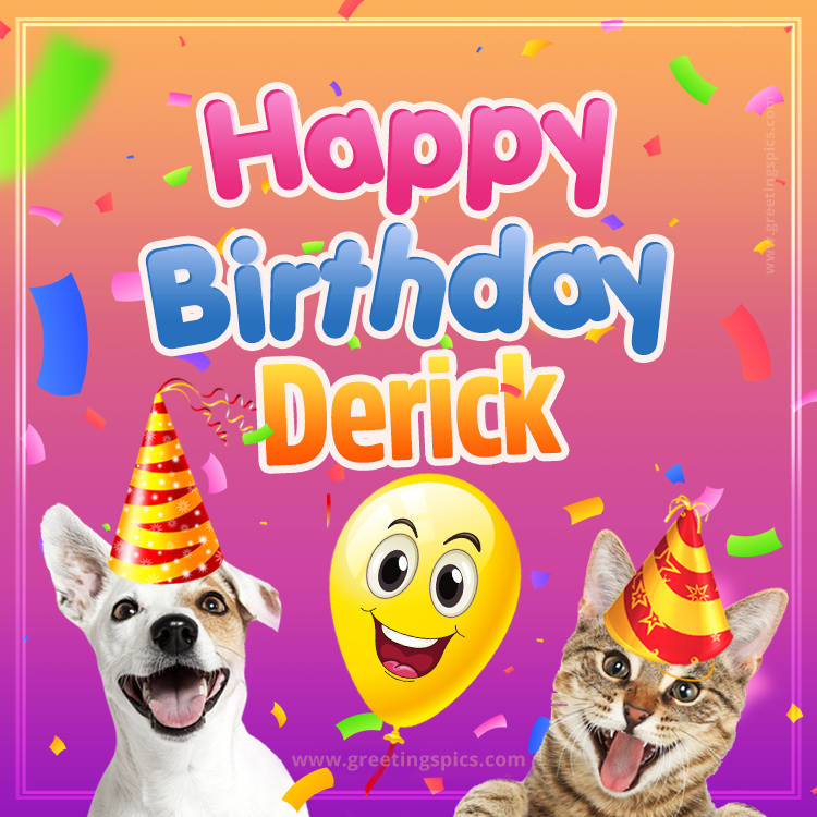 Happy Birthday Derick Funny Image with cat and dog (square shape image)